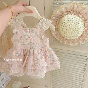 Cherry Blossom Floral Dress For Girls Sweetheart Neckline A-Line Cotton Summer Dress With Flutter Sleeves And Floral Trim - Product Image 3
