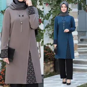 겸손한 이슬람 여성 2 조각 탑 셔츠와 바지 두바이 터키 패션 가을 Abaya 원피스 이슬람 의류 여성 S0161