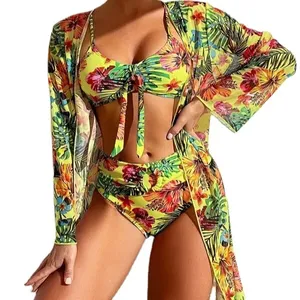 In-Stock Women Hot Selling Floral Print Bandage Swimwear Bikini Cover Up Dress green 3 piece Womens Swimsuits