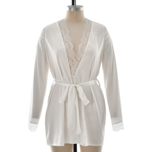 Robe en soie pour femmes avec garniture en dentelle, vêtements de nuit courts à nouer, vêtements décontractés pour la maison - Product Image 5