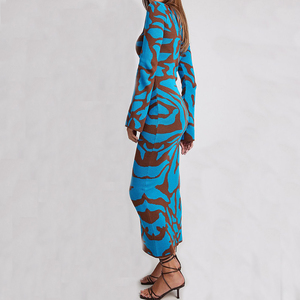 High Quality Autumn Knit Women Elegant <strong>Dress</strong> Flared Long Sleeves Bodycon Fit Women Print <strong>Maxi</strong> <strong>Dress</strong> - Product Image 5