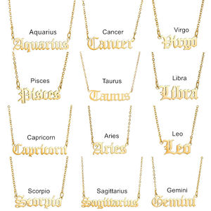 Collar del zodiaco inglés antiguo personalizado, Gargantilla con letras de acero inoxidable, placa con nombre, horóscopo, joyería - Product Image 1