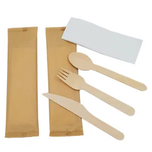 Pacote de papel Kraft Eco amigável logotipo personalizado biodegradável reutilizável descartável grátis conjunto de talheres de madeira para festas