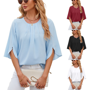 Großhandel Neue Produkte Einfarbige Rundhalsbluse mit Fünf-Viertel-Ärmeln Damenbluse Modische Chiffonbluse für Frauen - Product Image 1