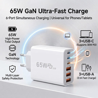 Vente d'usine - Adaptateur de chargeur USB PD3.0 QC3.0 Type C 65W, 6 ports, charge rapide, certifié CE FCC, chargeur mural pour iPhone Android