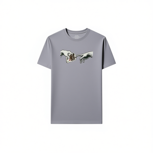 T-shirt The Creation gris avec imprimé artistique, vêtements décontractés unisexes - Product Image 2