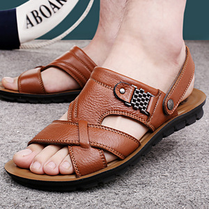Sandales d'été pour hommes à brides croisées en cuir, bout ouvert, respirantes, décontractées, semelle en caoutchouc, première couche de cuir de vachette, grandes tailles - Product Image 3