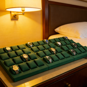 Ensemble de présentoirs de luxe en microfibre verte avec logo personnalisé pour montres et bijoux, support de présentation pour bracelets et montres - Product Image 3