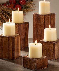 ADC Minimalist <b>Square</b> Block Wooden Candle Holder <b>Set</b> Stand Rustic Metal Insert Home Decor for Wedding Birthday Christmas - Product Image 1