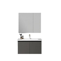 Cermin LED Hotel Modern Baja Tahan Karat Kayu Solid Kabinet Rias Dinding Kayu Lapis Papan Melamin Termasuk Keran MDF Mudah Dipasang