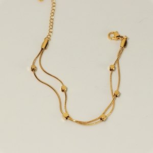Minimalist Double Strand Square <b>Bead</b> <b>Bracelet</b> Waterproof Anti-fade <b>Gold</b> Plated Snake Chain <b>Bracelet</b> For Women - Product Image 3