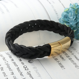 yunnique Black Braided <b>Leather</b> <b>Bracelet</b> Titanium Steel Gold Buckle Fashion Wrap <b>Bracelet</b> For Men Women Jewelry - Product Image 2