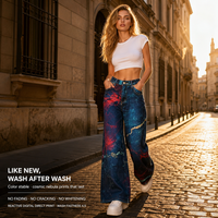 Jean taille haute à jambe large pour femme, imprimé marbré rouge cramoisi et cyan électrique, en denim, OEM