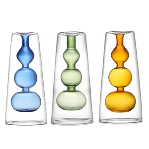 Home Decor Transparent Colorful Double Layer Hand Blown High Borosilicate Hydroponics Glass & Crystal Vases for Flowers