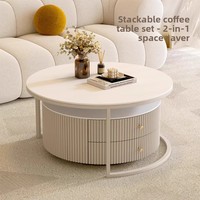 Table basse en panneau de pierre pour petit appartement, salon, design moderne et épuré, style crème, luxe discret, espace de rangement et extensible