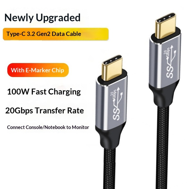 USB3.2 Full-Function Type-C Braided Cable 4K 60hz PD100W Fast Charging 20G Data Transfer for Mobile Phone Laptop Monitor Tablet