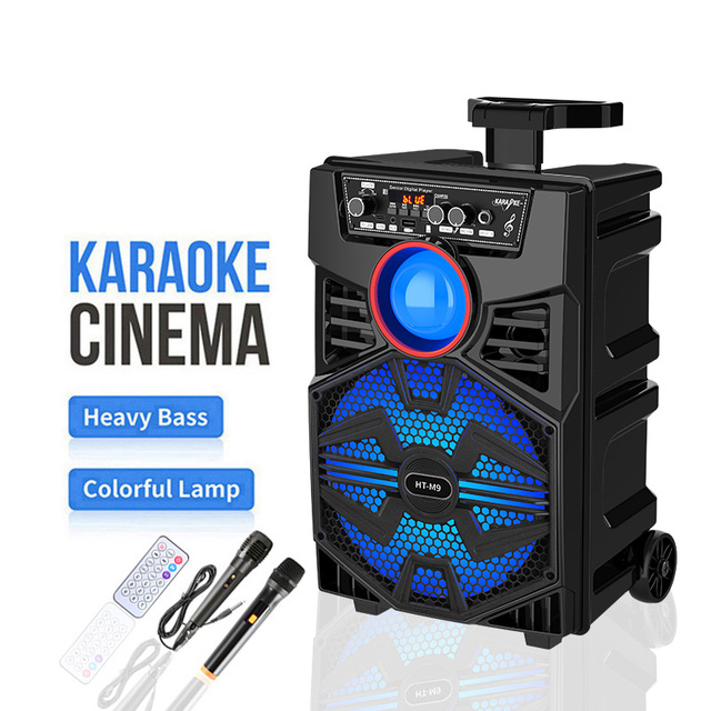 HT M9 M10 Super Bass Portable Bluetooth Speaker with Dual Wireless Microphones Trolley Karaoke Speaker for Party Outdoor Events