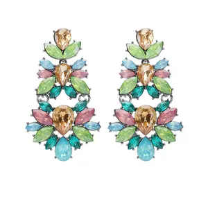 Hot Selling Colorful Gem Stone Crystal Rhinestone Dangle Earrings Multilayer Flower Drop Earrings For Bride