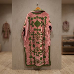 Abrigo Largo de Terciopelo Rosa Empolvado Estilo Bohemio Retro, Chaqueta de Invierno con Bordado Suzani de Hilo Verde Hecho a Mano, Frente Abierto - Product Image 4