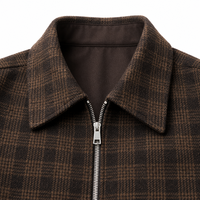 Veste en laine mélangée à 50% pour homme avec logo personnalisé, veste bomber à carreaux vintage brun foncé, fermeture éclair intégrale, ourlet élastique