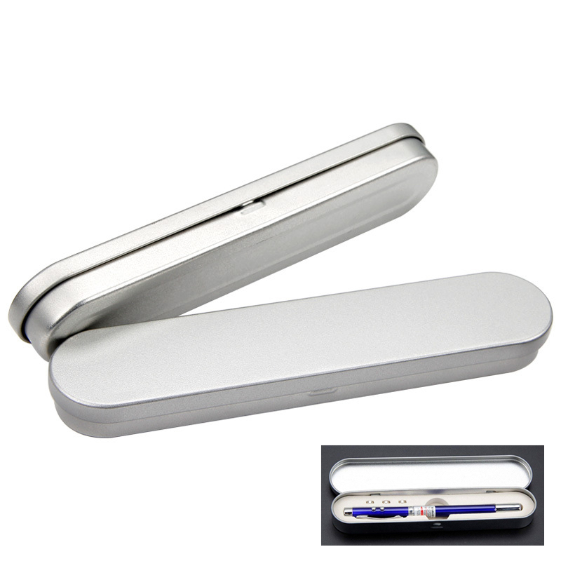 Pen Pencil Hold Custom Logo Empty Long Rectangular Oval Silver Hinged Metal Tin Box Containers