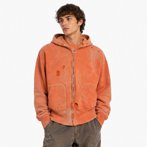 Men Oversized Zip Up <b>Hoodie</b> Fleece Solid Color Hooded Casual Streetwear Garment Dyed Dripping Effect Regular Sleeve - Product Image 1
