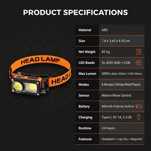 Lampe frontale LED rechargeable 500 lumens avec capteur de mouvement, contrôle par ondes, lampe frontale COB, clip magnétique pour casquette, USB-C, <span class=keywords><strong>camping</strong></span>, pêche, randonnée - Product Image 2