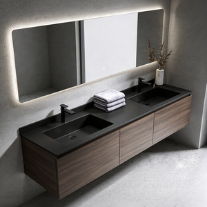 Mobile <span class=keywords><strong>Bagno</strong></span> Moderno a Parete <span class=keywords><strong>con</strong></span> Doppio Lavabo, Armadietto Multistrato in Legno Massello, <span class=keywords><strong>Specchio</strong></span> Illuminato Intelligente, Resistente all'Acqua - Product Image 2