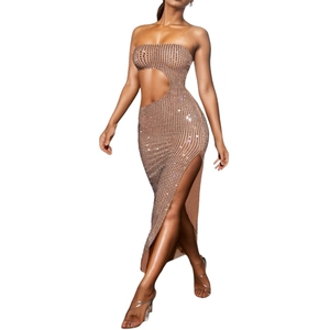 Vestido de verano sexy sin tirantes, sin mangas, con cintura natural, estampado digital, ahuecado, ajustado, con abertura y pedrería para mujer - Product Image 3