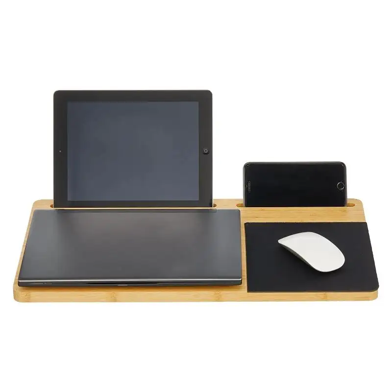 Bandeja de escritorio portátil de bambú y madera para computadora portátil con ranuras para teléfono y tableta, diseñada para manos izquierda y derecha