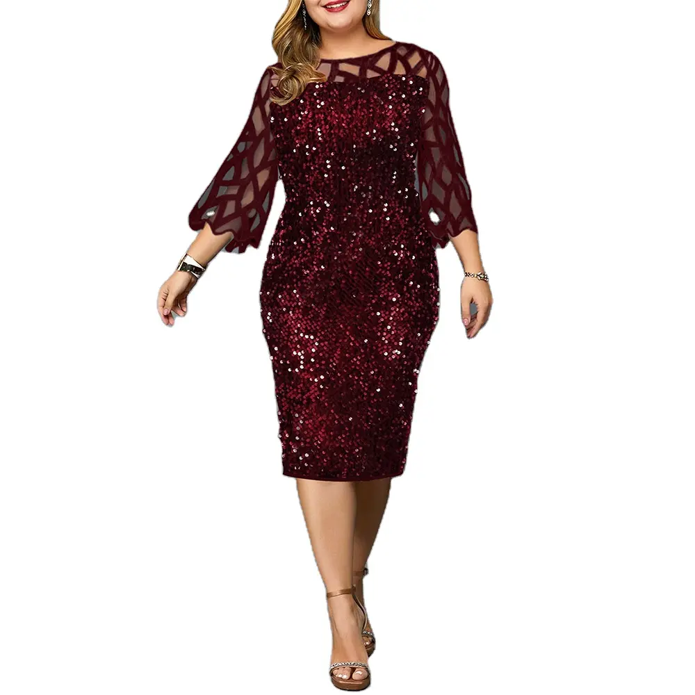 Hot Sale Women Ladies Long Sleeve Maxi Prom Party Sequin Evening Dress