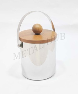 Premium Shiny Silver Stainless Steel Ice <b>Bucket</b> <b>with</b> Wooden <b>Lid</b> and Ice Tong Double Wall Barware for Home Party - Product Image 2