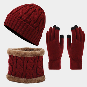 Herbst und Winter Neues Vintage Zopfmuster Dickes Warmes Mütze-, Schal- und Handschuh-Set Dreiteiliges Set Bestseller Kälteschutz-Set - Product Image 1