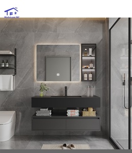 Black minimalist luxury smart mirror cabinet with hanging cabinet body white washbasin and marble countertop - Product Image 4