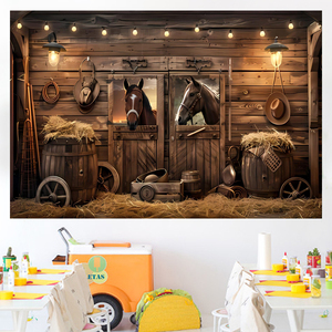 棕色农场主题马匹印花横幅背景生日快乐派对装饰背景 - Product Image 3