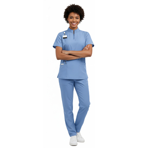 Uniforme de Enfermería Profesional Azul Claro de Dos Piezas, Tejido Transpirable de Fácil Cuidado con Cierre Frontal y Múltiples Bolsillos para Mayor Comodidad - Product Image 1