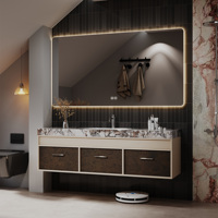 Meuble-lavabo de salle de bain moderne suspendu avec plateau en pierre frittée, ensemble de meuble en bois massif, miroir LED intelligent, lavabo simple ou double