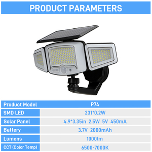 Projecteur <span class=keywords><strong>solaire</strong></span> de sécurité extérieur Solarup, 3 têtes réglables, détecteur de mouvement PIR, <span class=keywords><strong>lampe</strong></span> murale avec base magnétique puissante - Product Image 3