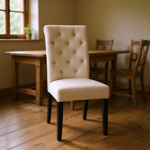 Silla Lateral Tapizada en Lino Color Marfil Clásico DB, Patas de Madera Maciza, Silla de Comedor Rústica para Cocina Estilo Granja - Product Image 2