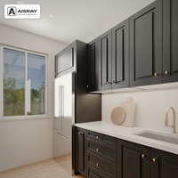 Meuble de cuisine classique en mélamine, configuration en U, avec portes noires à panneaux surélevés, boutons ronds et boîtes de rangement en mélamine