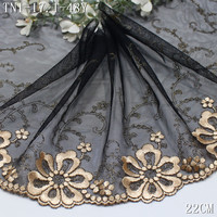 Dentelle brodée en fil métallique noir et or de qualité supérieure, 22 cm, tulle doux, dentelle florale brodée pour robe abaya, lingerie