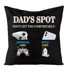 Pocket Pillowcase Square Flax Print Removable Home <b>Cushion</b> Cover With <b>Storage</b> Pockets For Controller And Bottle - Product Image 1