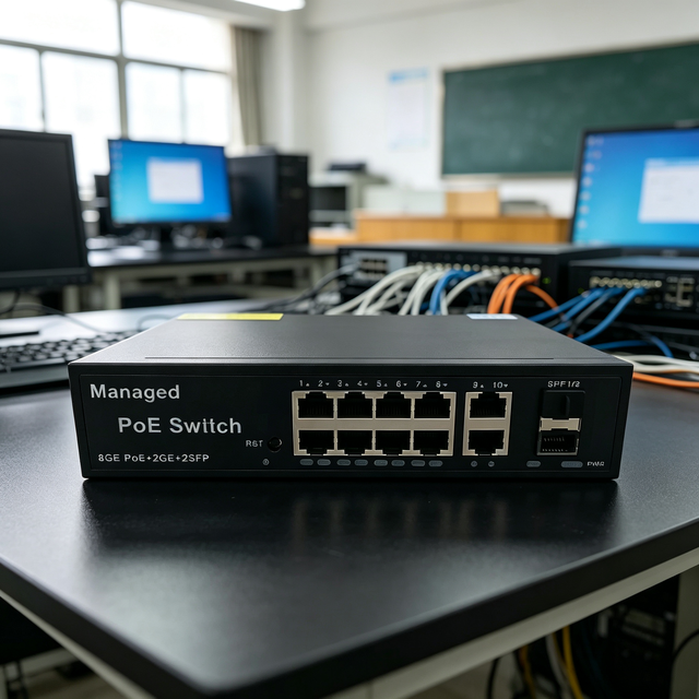8-Port Gigabit Managed PoE Switch with QoS VLAN Support Stackable 22Gbps Capacity 2 SFP Uplink for IP Camera