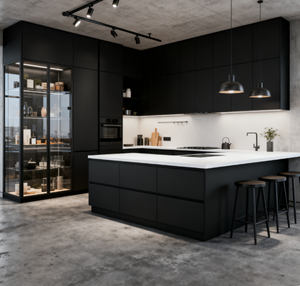 Mobili da Cucina di Lusso in Legno con Inserti in Vetro Nero per Ristrutturazioni di Alta Gamma - Product Image 4