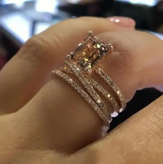 New Design 14k Rose Gold Square Diamond Engagement Ring Women Jewelry Wholesale