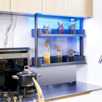 Meubles de cuisine modernes de luxe avec finitions dorées |   Îlot et rangement personnalisables |   Robinet de lavabo blanc brillant avec glissière de tiroir
