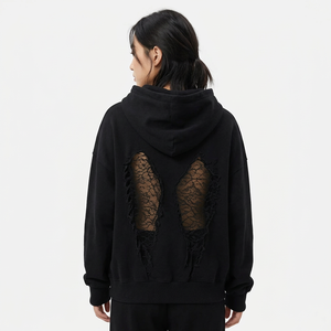 Wholesale high quality Women's Black Cutout Back Hoodie <b>Butterfly</b> Wing Lace Detail design Oversized Long <b>Sleeve</b> outdoor Fit - Product Image 1