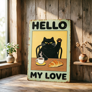 Plaque en fer amusante et mignonne avec chat buvant du café, 'Bonjour mon amour', cadeau fantaisie pour les amoureux des chats, décoration murale pour salle à petit-déjeuner - Product Image 1
