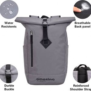 Échantillon gratuit : Sac à dos tendance à fermeture roll-top avec logo personnalisé, imperméable et écologique pour les voyages, en tissu Oxford - Product Image 3