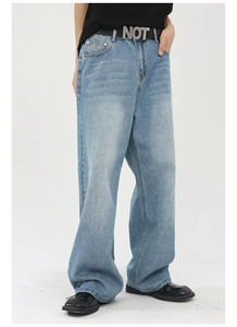 Jeans pria kustom gaya jalanan uniseks, celana jin longgar ultra pengendara sepeda, celana jin kaki lebar biru lurus